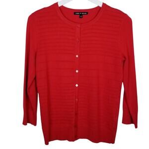 Cable & Gauge Red Pointelle Knit Ribbed Button Front Cardigan Sweater - Small
